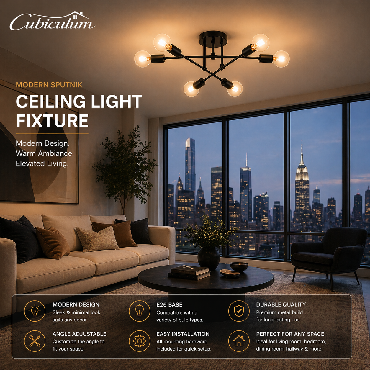 Modern Sputnik Chandelier 6-Light Ceiling Fixture – 22” Black Industrial Semi Flush Mount Lighting with E26 Base for Dining Room, Bedroom & Living Room