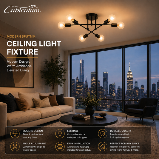 Modern Sputnik Chandelier 6-Light Ceiling Fixture – 22” Black Industrial Semi Flush Mount Lighting with E26 Base for Dining Room, Bedroom & Living Room