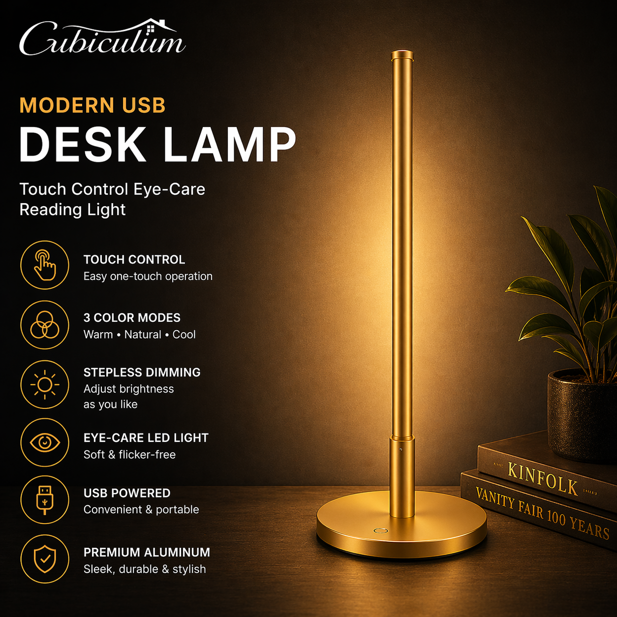 Cubiculum™ Modern USB Desk Lamp – Touch Control LED Table Light with 3 Color Modes & Stepless Dimming, Eye-Care Aluminum Lamp for Bedroom, Bars & Restaurants