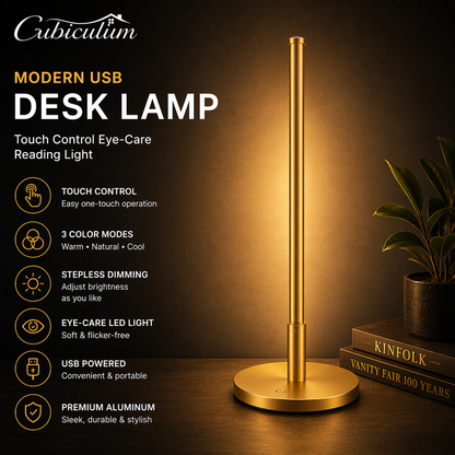 Cubiculum™ Modern USB Desk Lamp – Touch Control LED Table Light with 3 Color Modes & Stepless Dimming, Eye-Care Aluminum Lamp for Bedroom, Bars & Restaurants