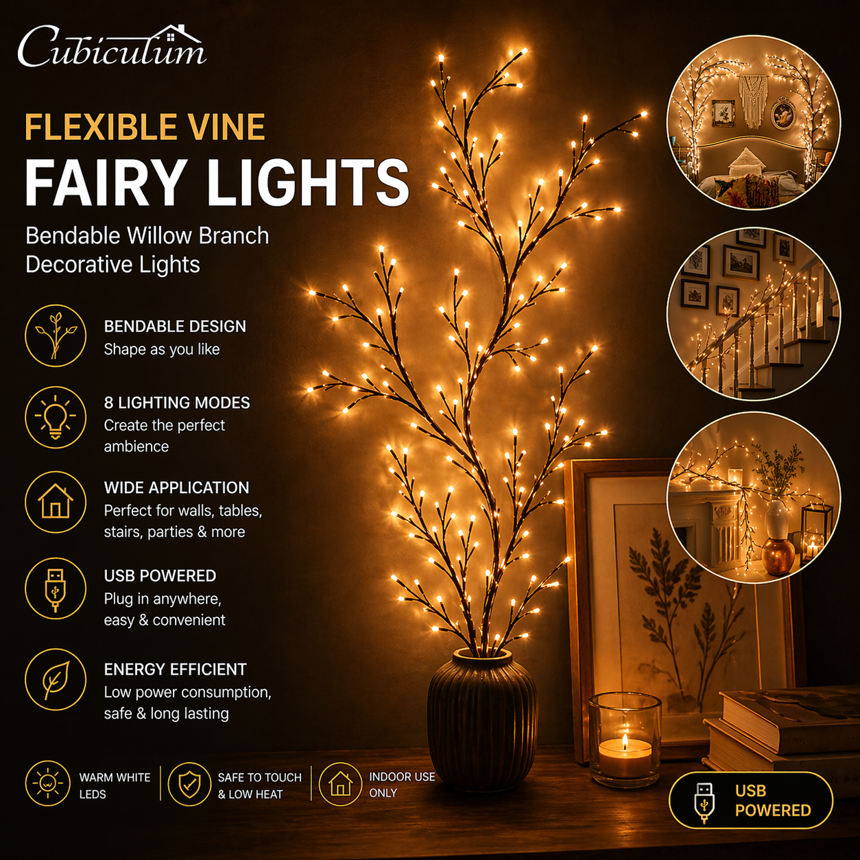 Cubiculum™ Flexible Vine Fairy Lights – Bendable Willow Branch LED String Lights (8 Lighting Modes, USB Powered) | Warm Decorative Wall Lights for Bedroom, Wedding, Home & Ambient Decor