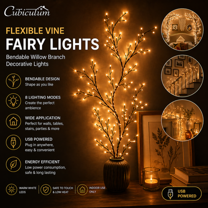 Cubiculum™ Flexible Vine Fairy Lights – Bendable Willow Branch LED String Lights (8 Lighting Modes, USB Powered) | Warm Decorative Wall Lights for Bedroom, Wedding, Home & Ambient Decor