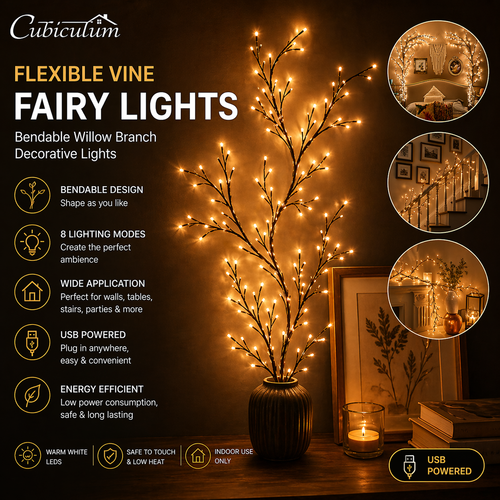 Cubiculum™ Flexible Vine Fairy Lights – Bendable Willow Branch LED String Lights (8 Lighting Modes, USB Powered) | Warm Decorative Wall Lights for Bedroom, Wedding, Home & Ambient Decor