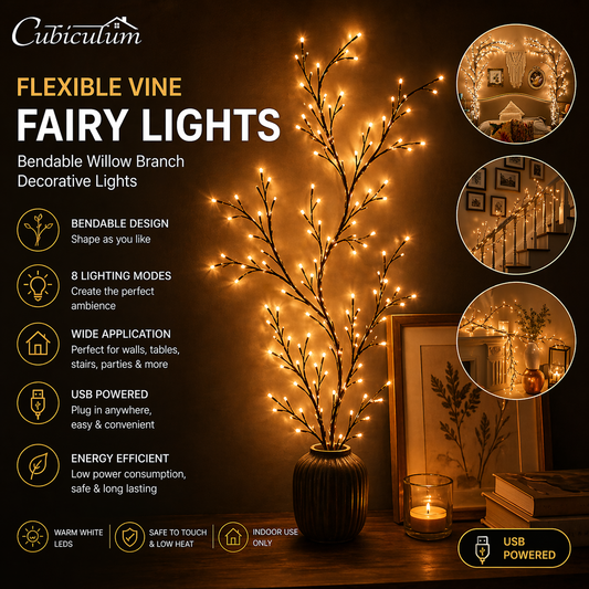 Cubiculum™ Flexible Vine Fairy Lights – Bendable Willow Branch LED String Lights (8 Lighting Modes, USB Powered) | Warm Decorative Wall Lights for Bedroom, Wedding, Home & Ambient Decor