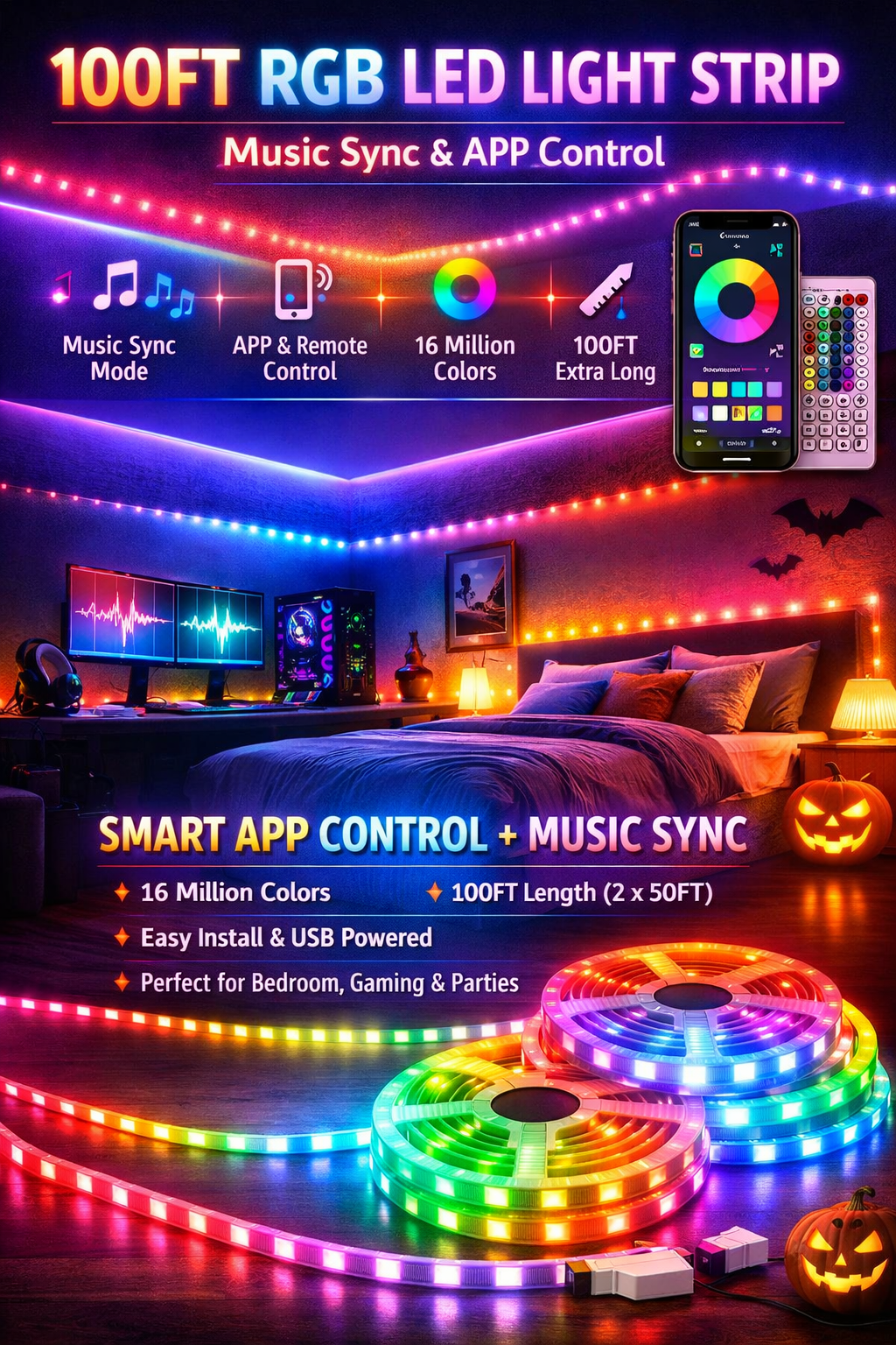 100FT RGB LED Light Strip with App Control & Music Sync – Smart Color Changing Lights for Bedroom, Parties & Gaming Setup