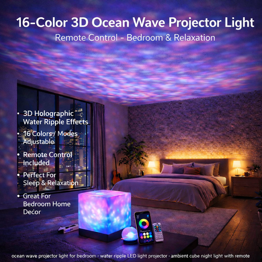 🌊 16-Color Ocean Wave Projector Light – 3D Water Ripple LED Cube Lamp with Remote | Ambient Night Light for Bedroom, Relaxation & Home Décor
