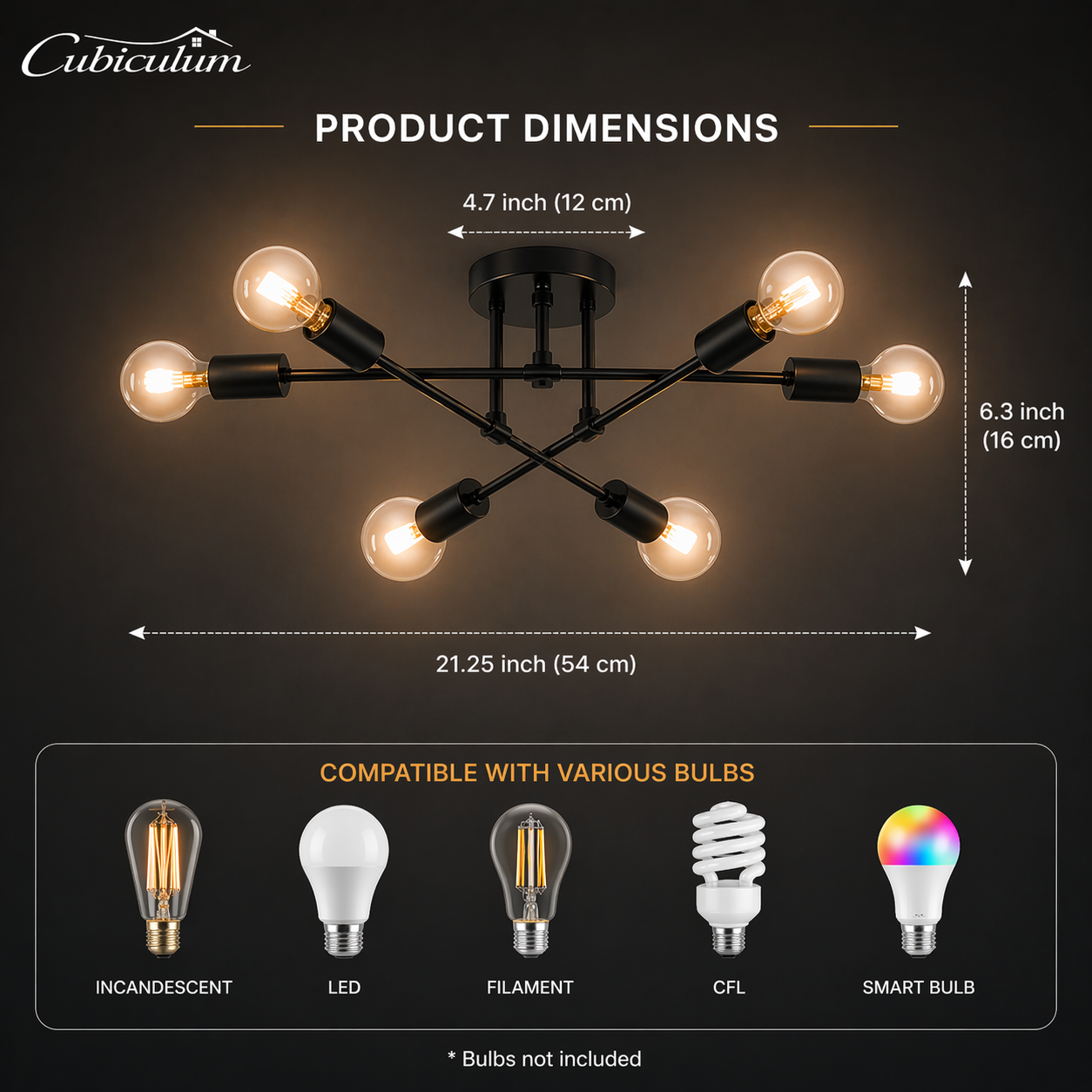 Modern Sputnik Chandelier 6-Light Ceiling Fixture – 22” Black Industrial Semi Flush Mount Lighting with E26 Base for Dining Room, Bedroom & Living Room