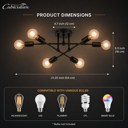 Modern Sputnik Chandelier 6-Light Ceiling Fixture – 22” Black Industrial Semi Flush Mount Lighting with E26 Base for Dining Room, Bedroom & Living Room
