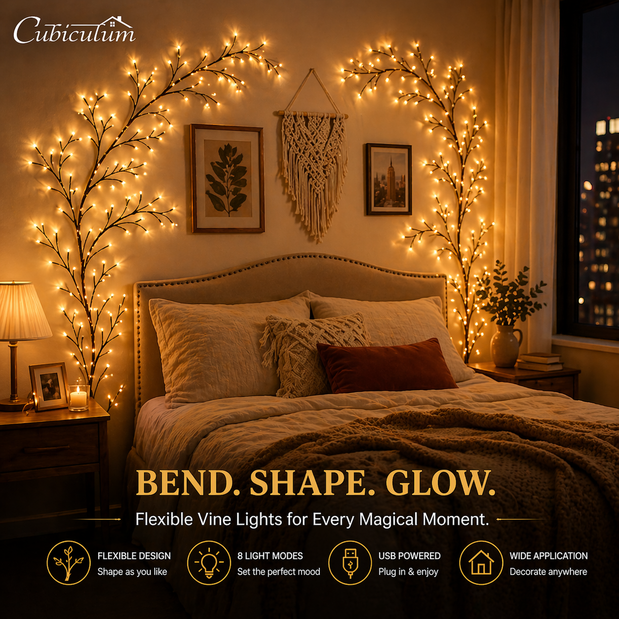 Cubiculum™ Flexible Vine Fairy Lights – Bendable Willow Branch LED String Lights (8 Lighting Modes, USB Powered) | Warm Decorative Wall Lights for Bedroom, Wedding, Home & Ambient Decor