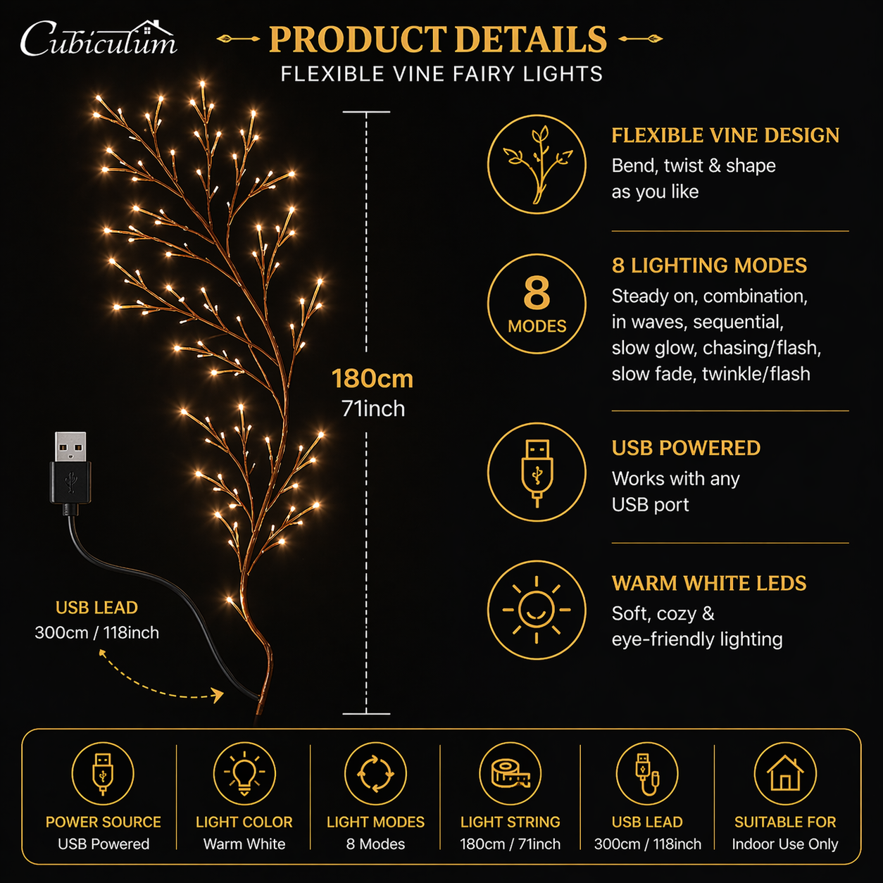 Cubiculum™ Flexible Vine Fairy Lights – Bendable Willow Branch LED String Lights (8 Lighting Modes, USB Powered) | Warm Decorative Wall Lights for Bedroom, Wedding, Home & Ambient Decor