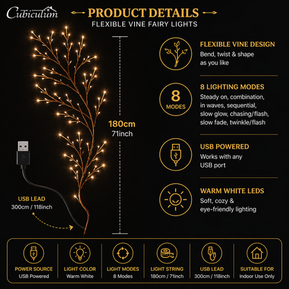 Cubiculum™ Flexible Vine Fairy Lights – Bendable Willow Branch LED String Lights (8 Lighting Modes, USB Powered) | Warm Decorative Wall Lights for Bedroom, Wedding, Home & Ambient Decor